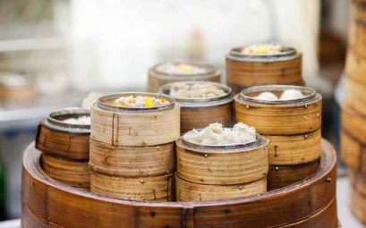 Dim sum steamers at a Chinese restaurant, Hong Kong